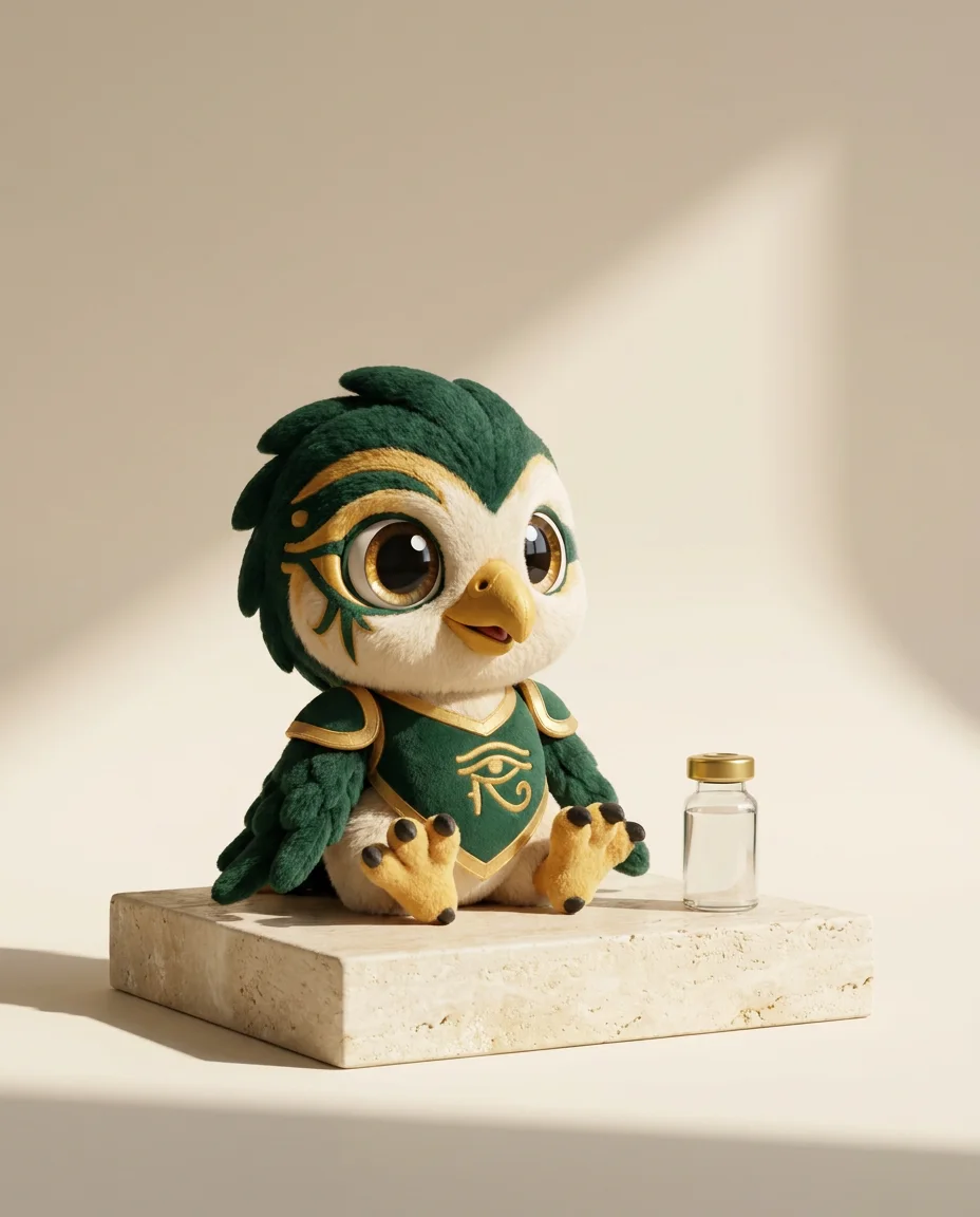 Hórus, mascote do Instituto Hórus, ao lado de um frasco de vacina monodose